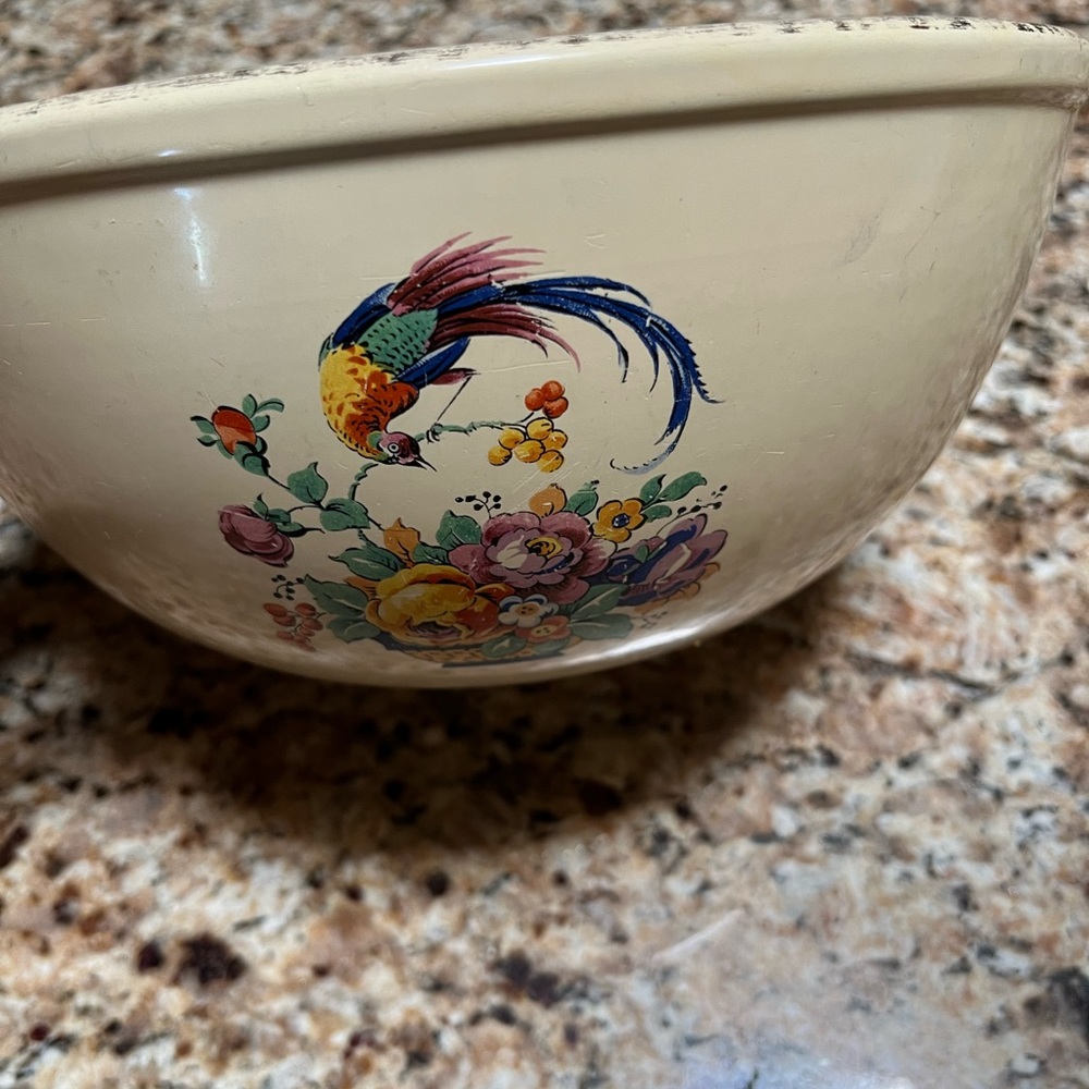 9 1/2" Homer Laughlin Mixing Bowl Cream with Bird & Florals